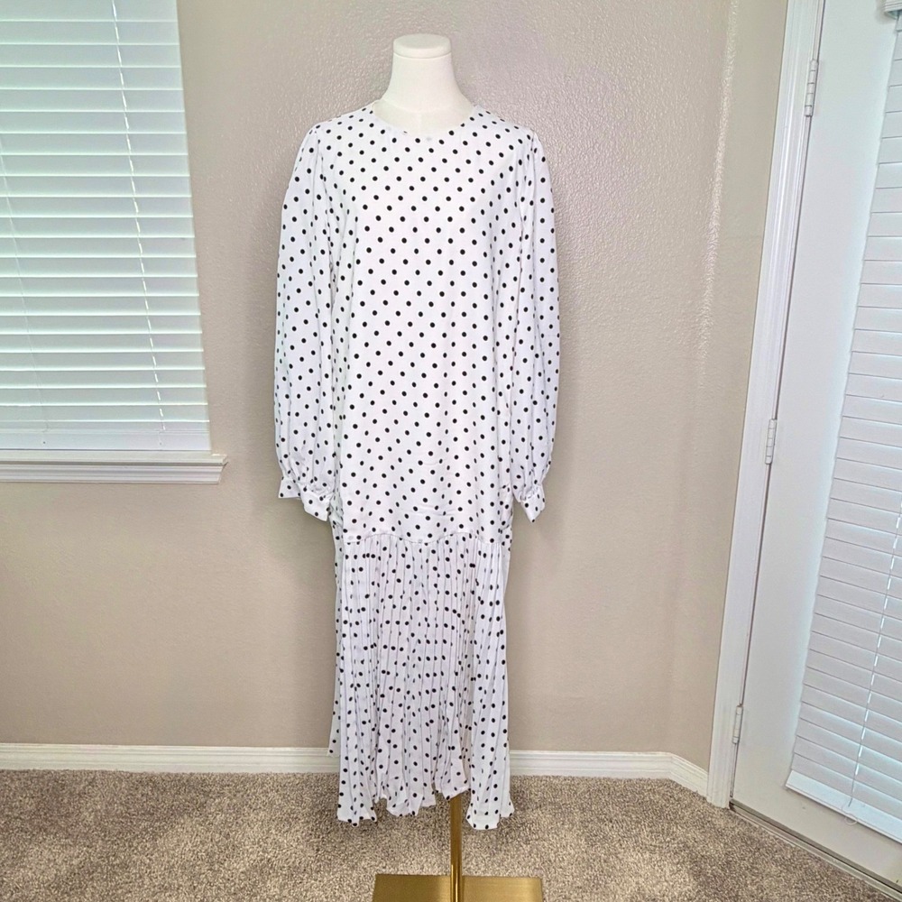 FEHAUTE White Black Polka Dot Pleated Maxi Dress Balloon Sleeve A-Line Sz 10 NWT - Picture 10 of 16